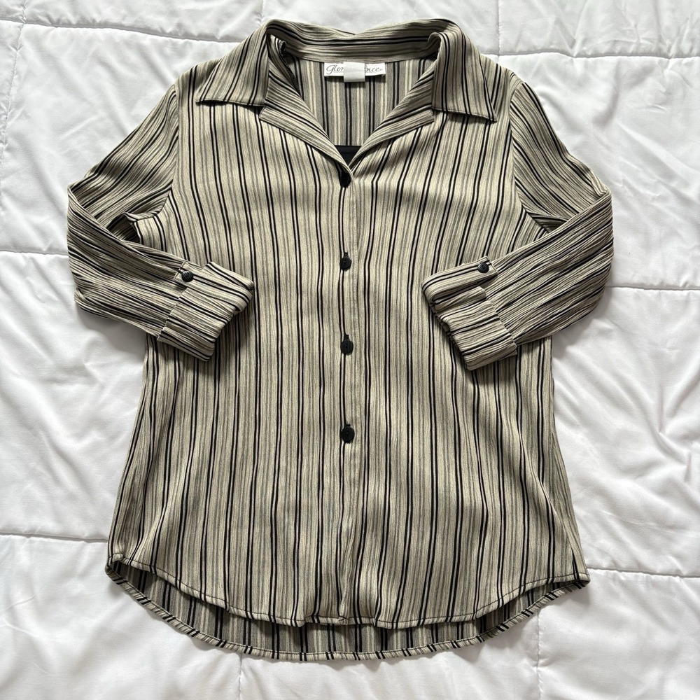 Vintage 90s Y2K Button Down Shirt Womens XL Beige Striped Corpcore Officechic